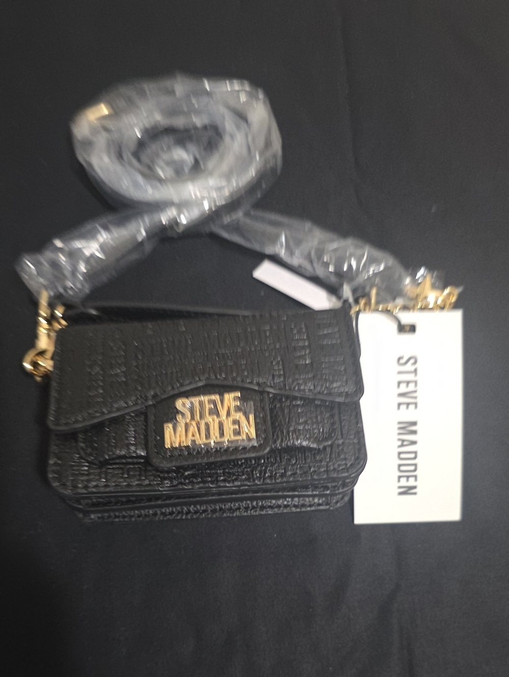 Steve Madden Black Croc-Embossed Mini Crossbody with Gold Logo